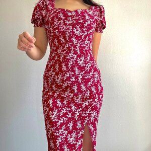 Burgundy Floral Midi Dress with side slit Spring
